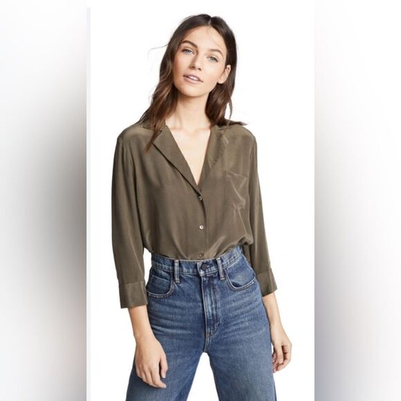 L'AGENCE Amilina Silk crepe Blouse Button-Up dark olive NWT 275$ - Picture 1 of 5
